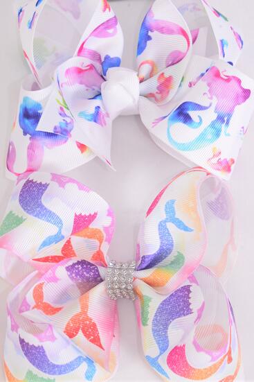 Hair Bow Jumbo Mermaid Under The Sea Grosgrain Bow-tie / 12 pcs Bow = Dozen  Alligator Clip , Size - 6" x 5" Wide , 6 Of Each Pattern Asst , Clip Strip & UPC Code