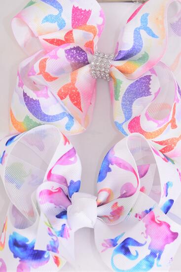 Hair Bow Jumbo Mermaid Under The Sea Grosgrain Bow-tie / 12 pcs Bow = Dozen  Alligator Clip , Size - 6" x 5" Wide , 6 Of Each Pattern Asst , Clip Strip & UPC Code