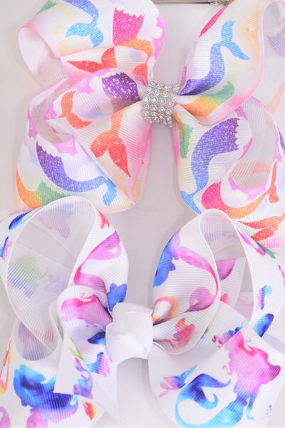 Hair Bow Jumbo Mermaid Under The Sea Grosgrain Bow-tie / 12 pcs Bow = Dozen  Alligator Clip , Size - 6" x 5" Wide , 6 Of Each Pattern Asst , Clip Strip & UPC Code