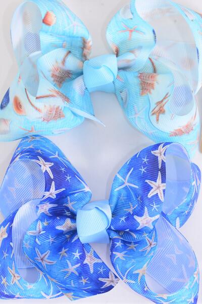 Hair Bow Jumbo Starfish Seashells Grosgrain Bow-tie /  12 pcs Bow = Dozen  Alligator Clip , Bow - 6" x 5" Wide , 6 of each Pattern Asst , Clip Strip & UPC Code