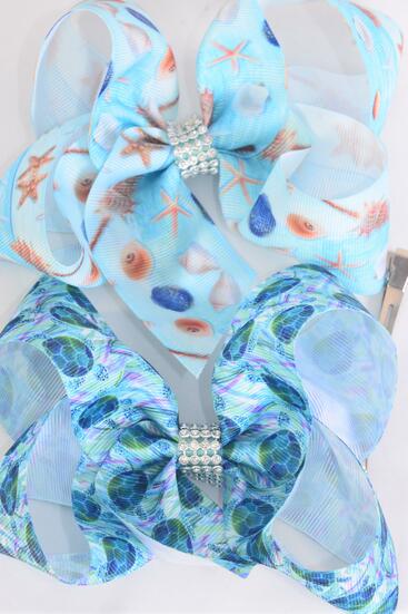 Hair Bow Jumbo Turtle Starfish Seashell Mix Grosgrain Bow-tie / 12 pcs Bow = Dozen Alligator Clip , Bow - 6" x 5" Wide , 6 of each Pattern Asst , Clip Strip & UPC Code