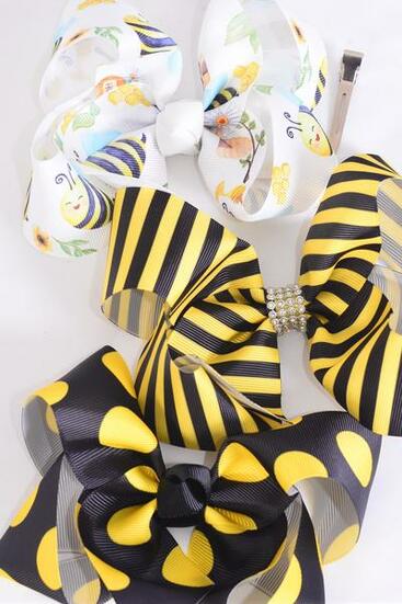 Hair Bow Jumbo Cute Honey Bee & Stripe Polka dot Mix Grosgrain Bow-tie / 12 pcs Bow = Dozen Alligator Clip , Size - 6" x 5" Wide , 4 Of each Pattern Asst , Clip Strip & UPC Code