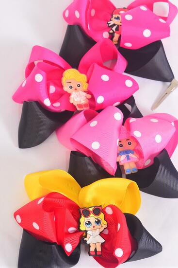 Hair Bow Jumbo Double Layered Polka dots w LOL Doll Charm Grosgrain Bow-tie / 12 pcs Bow = Dozen Alligator Clip , Size - 6" x 5" Wide , 3 Of each Pattern Asst , Clip Strip & UPC Code