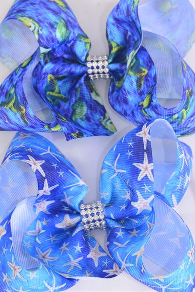 Hair Bow Jumbo Turtle Starfish Seashell Mix Grosgrain Bow-tie / 12 pcs Bow = Dozen Alligator Clip , Bow - 6" x 5" Wide , 6 of each Pattern Asst , Clip Strip & UPC Code