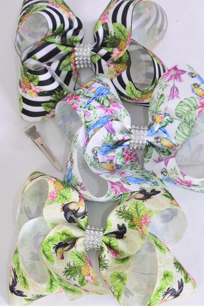 Hair Bow Jumbo Tropical Birds Grosgrain Bow-tie /  12 pcs Bow = Dozen  Alligator Clip , Size - 6" x 5" Wide , 4 of each Pattern Asst , Clip Strip and UPC Code