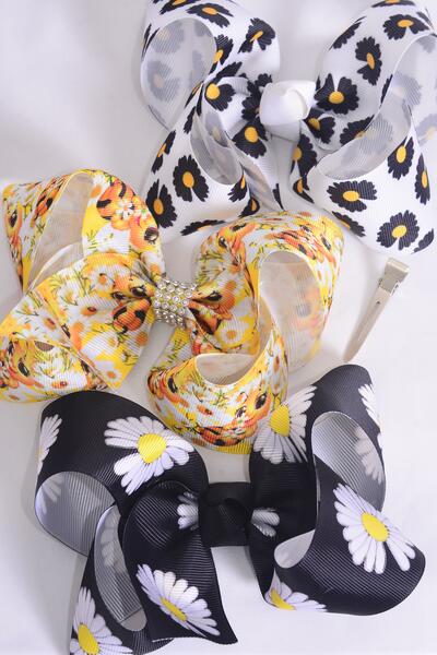 Hair Bow Jumbo Cute Honey Bee and Daisy Flower Mix Grosgrain Bow-tie / 12 pcs Bow = Dozen Alligator Clip , Size - 6" x 5" Wide , 4 Of each Pattern Asst , Clip Strip & UPC Code