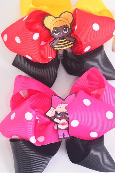 Hair Bow Jumbo Double Layered Polka dots w LOL Doll Charm Grosgrain Bow-tie / 12 pcs Bow = Dozen Alligator Clip , Size - 6" x 5" Wide , 6 Of each Pattern Asst , Clip Strip & UPC Code