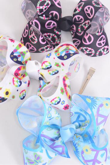 Hair Bow Jumbo Flower Power Peace Sign Butterfly Mix Grosgrain Bow-tie / 12 pcs = Dozen Alligator Clip , Size - 6" x 5" Wide , 4 of each Pattern Asst , Clip Strip & UPC Code