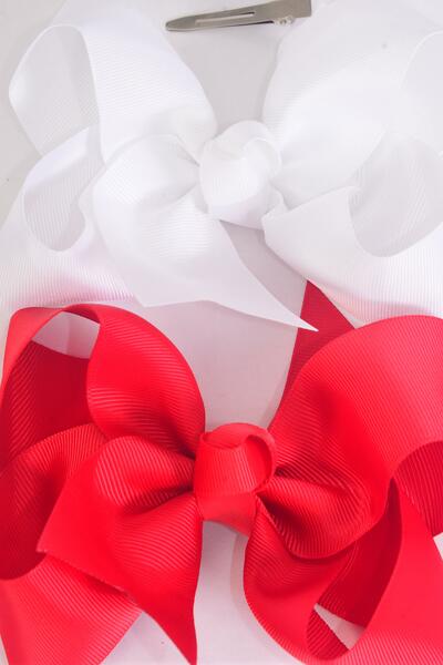Hair Bow Large Red White Mix Grosgrain Bow-tie / 12 pcs Bow = Dozen Alligator Clip , Size - 6" x 5" Wide , 6 Red , White Color Asst , Clip Strip & UPC Code