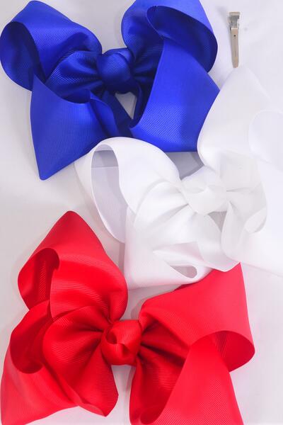 Hair Bow Extra Jumbo Cheer Type Bow Red White Royal Blue Mix Grosgrain Bow-tie / 12 pcs Bow = Dozen Alligator Clip , Bow - 8" x 7" Wide , 4 of each Pattern Asst , Clip Strip & UPC Code