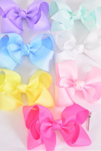 Hair Bow Jumbo Pastel Mix Grosgrain Bow-tie / 12 pcs Bow = Dozen Alligator Clip , Size - 6" x 5" Wide , 2 White , 2 Baby Pink , 2 Lavender , 2 Blue , 2 Yellow , 1 Hot Pink , 1 Mint Color Asst , Clip Strip & UPC Code