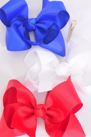 Hair Bow Jumbo Red White Royal Blue Mix Grosgrain Bow-tie / 12 pcs Bow = Dozen Alligator Clip , Size - 6" x 5" Wide , 4 of each Pattern Asst , Clip Strip & UPC Code