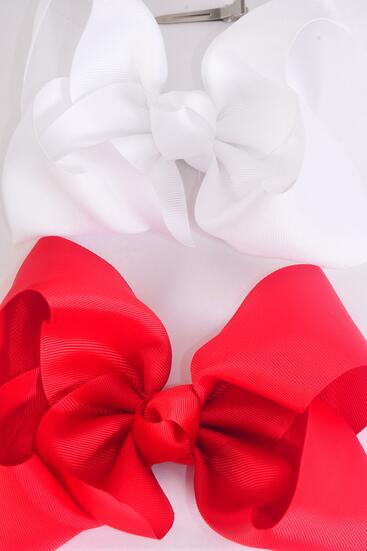 Hair Bow Extra Jumbo Cheer Type Bow Red White Mix Grosgrain Bow-tie / 12 pcs Bow = Dozen Alligator Clip , Size - 8" x 7" Wide , 6 Red , 6 White Asst , Clip Strip & UPC Code
