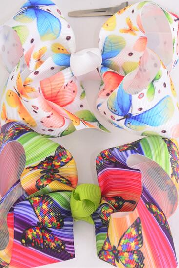 Hair Bow Jumbo Butterfly Grosgrain Bow-tie / 12 pcs Bow = Dozen Alligator Clip , Size - 6" x 5" Wide , 6 Of each Pattern Asst , Clip Strip and UPC Code