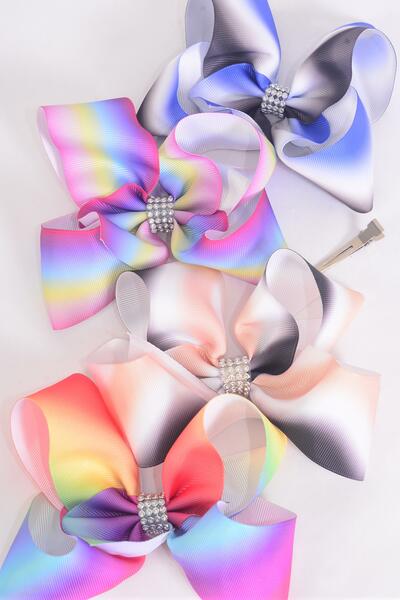 Hair Bow Jumbo Gradient Tiedye Grosgrain Bow-tie / 12 pcs Bow = Dozen  Alligator Clip , Size - 6" x 5" Wide , 3 Of Each Pattern Asst , Clip Strip and UPC Code