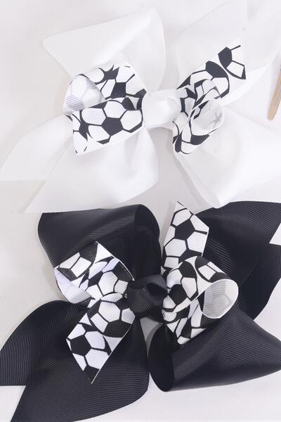 Hair Bow Extra Jumbo Cheer Type Bow Double Layered Soccer Sport Grosgrain Bow-tie Black White Mix / 12 pcs Bow = Dozen  Soccer , Alligator Clip , Bow - 7" x 6" Wide , 6 Black , 6 White Color Asst , Clip Strip & UPC Code