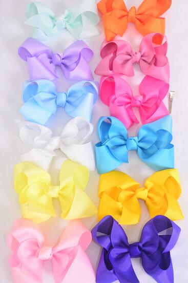 Hair Bow Jumbo Rainbow Grosgrain Bow-tie / 12 pcs Bow = Dozen Alligator Clip , Size - 6" x 5" Wide , 12 Color Asst , Clip Strip & UPC Code