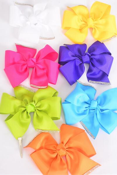 Hair Bow Jumbo Clear Stones Grosgrain Bow-tie Citrus / 12 pcs Bow = Dozen Alligator Clip , Size - 6" x 6" Wide , 2 White , 2 Blue , 2 Fuchsia , 2 Yellow , 2 Purple , 1 Lime , 1 Orange Mix , Clip Strip & UPC Code