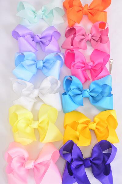Hair Bow Jumbo Rainbow Grosgrain Bow-tie / 12 pcs Bow = Dozen Alligator Clip , Size - 6" x 5" Wide , 12 Color Asst , Clip Strip & UPC Code