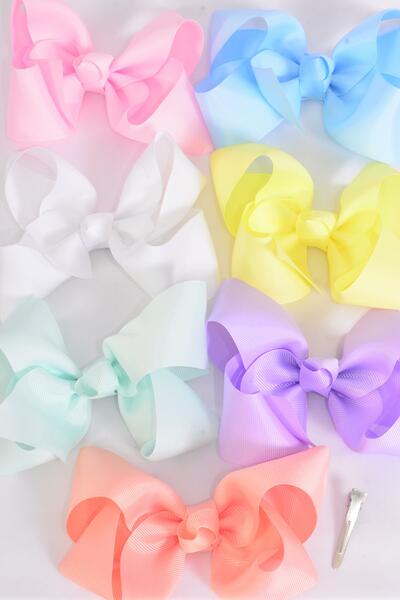 Hair Bow Jumbo Pastel Grosgrain Bow-tie / 12 pcs Bow = Dozen Alligator Clip , Size - 6" x 5" Wide , 2 White , 2 Baby Pink , 2 Lavender , 2 Blue , 2 Yellow , 1 Peach , 1 Mint Color Asst , Clip Strip and UPC Code
