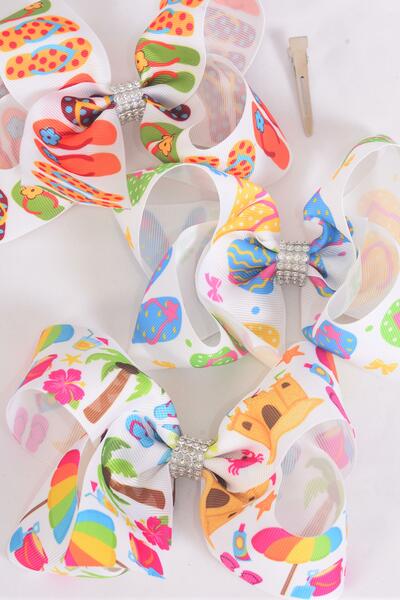 Hair Bow Jumbo Flip Flop Sandcastle Mix Grosgrain Bow-tie / 12 pcs Bow = Dozen Alligator Clip , Size - 6" x 5" Wide , 4 Of Each Pattern Asst , Clip Strip & UPC Code