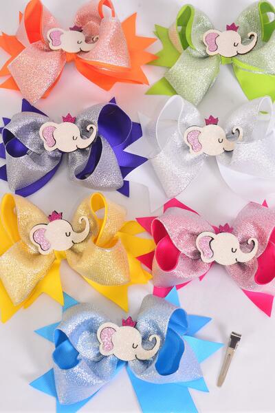 Hair Bow Jumbo Double Layered Metallic Elephant Grosgrain Bow-tie Citrus / 12 pcs Bow = Dozen Alligator Clip , Size - 6" x 5" Wide , 2 Fuchsia , 2 Turquoise ,2 White , 2 Purple , 2 Yellow , 1 Orange , 1 Lime Color Asst , Clip Strip & UPC Code