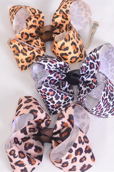 Hair Bow Jumbo Leopard Pattern Mix Grosgrain Bow-tie / 12 pcs Bow = Dozen  Leopard , Alligator Clip , Size - 6" x 5" Wide , 4 Of Each Pattern Asst , Clip Strip and UPC Code