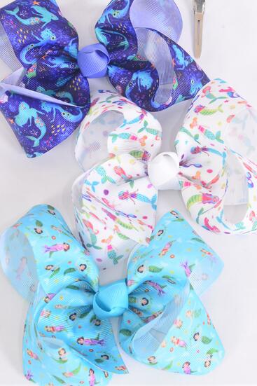 Hair Bow Jumbo Mermaid Under The Sea Grosgrain Bow-tie /  12 pcs Bow = Dozen  Mermaid , Alligator Clip , Bow - 6" x 5" Wide , 4 of each Pattern Asst , Clip Strip & UPC Code