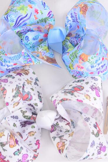 Hair Bow Jumbo Mermaid Under The Sea Grosgrain Bow-tie /  12 pcs Bow = Dozen  Alligator Clip , Bow - 6" x 5" Wide , 6 of each Pattern Asst , Clip Strip & UPC Code