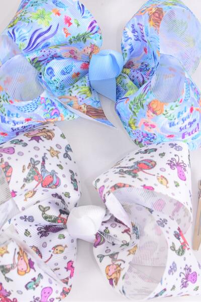 Hair Bow Jumbo Mermaid Under The Sea Grosgrain Bow-tie /  12 pcs Bow = Dozen  Alligator Clip , Bow - 6" x 5" Wide , 6 of each Pattern Asst , Clip Strip & UPC Code
