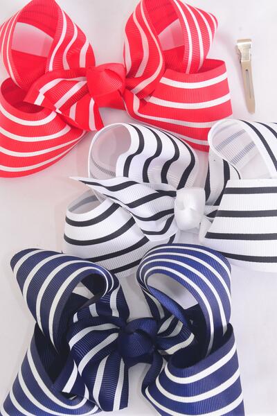 Hair Bow Jumbo Stripe Red White Navy Mix Grosgrain Bow-tie / 12 pcs Bow = Dozen Alligator Clip , Size - 6" x 5" Wide , 4 Red , 4 White , 4 Navy Pattern Asst , Clip Strip & UPC Code