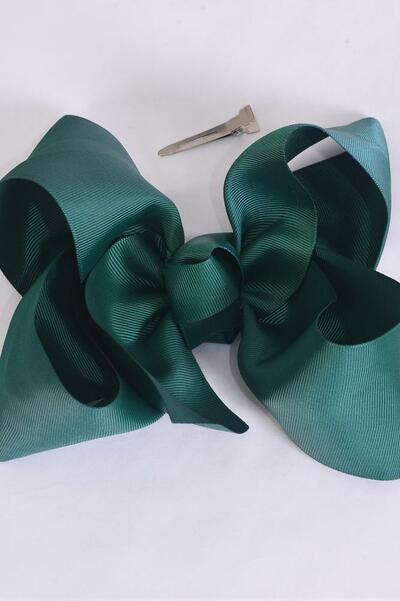 Hair Bow Extra Jumbo Cheer Type Bow Hunter Green Grosgrain Bow-tie / 12 pcs Bow = Dozen Alligator Clip , Size - 8" x 7" Wide , Clip Strip & UPC Code