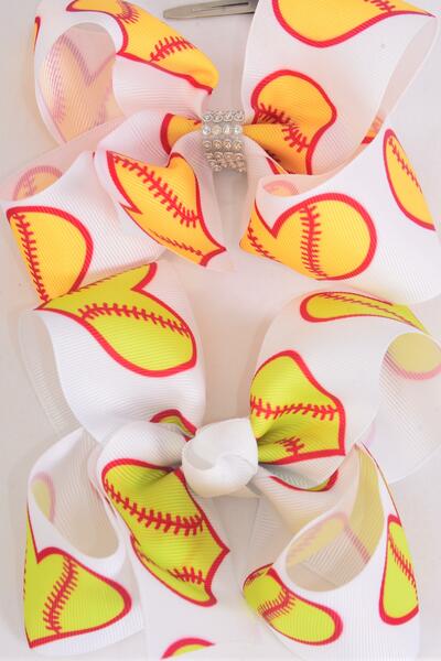 Hair Bow Jumbo Softball Grosgrain Bow-tie / 12 pcs Bow = Dozen Softball , Alligator Clip , Size - 6" x 5" Wide , 6 Of each Pattern Mix , Clip Strip & UPC Code