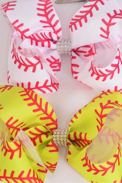 Hair Bow Jumbo Softball Baseball Pattern Mix Grosgrain Bow-tie / 12 pcs Bow = Dozen Alligator Clip , Size - 6" x 5" Wide , 6 Of Each Pattern Asst , Clip Strip & UPC Code