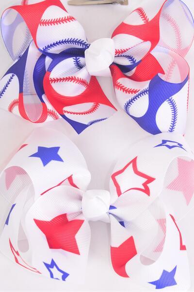 Hair Bow Jumbo Patriotic Baseball Star Pattern Mix Grosgrain Bow-tie / 12 pcs Bow = Dozen Alligator Clip , Bow - 6" x 5" Wide , 6 of each Pattern Asst , Clip Strip & UPC Code