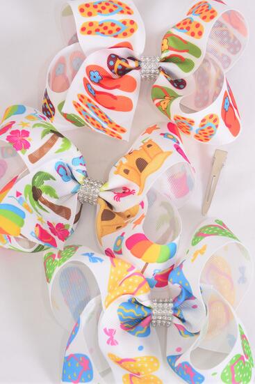 Hair Bow Jumbo Flip Flop Sandcastle Mix Grosgrain Bow-tie / 12 pcs Bow = Dozen Alligator Clip , Size - 6" x 5" Wide , 4 Of Each Pattern Asst , Clip Strip & UPC Code