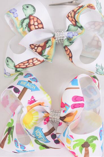 Hair Bow Jumbo Cute Turtle Sandcastle Mix Grosgrain Bow-tie /  12 pcs Bow = Dozen Alligator Clip , Size - 6" x 5" Wide , 6 Of Each Pattern Asst , Clip Strip & UPC Code