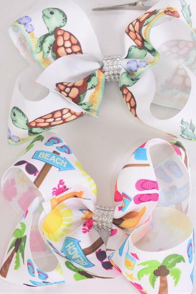 Hair Bow Jumbo Cute Turtle Sandcastle Mix Grosgrain Bow-tie /  12 pcs Bow = Dozen Alligator Clip , Size - 6" x 5" Wide , 6 Of Each Pattern Asst , Clip Strip & UPC Code