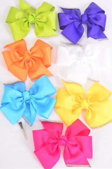 Hair Bow Jumbo Clear Stones Grosgrain Bow-tie Citrus / 12 pcs Bow = Dozen Alligator Clip , Size - 6" x 5" Wide , 2 White , 2 Blue , 2 Fuchsia , 2 Yellow , 2 Purple , 1 Lime , 1 Orange Mix , Clip Strip & UPC Code