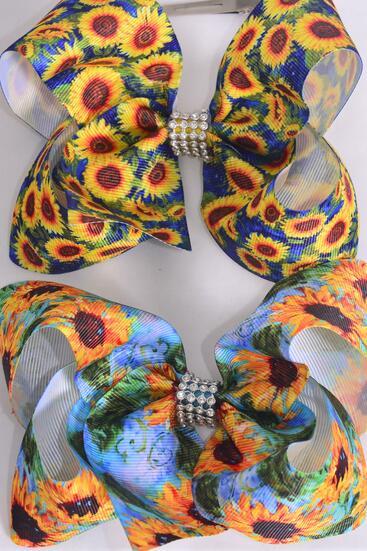 Hair Bow Jumbo Happy Sunflower Grosgrain Bow-tie /  12 pcs Bow = Dozen Sunflower , Alligator Clip , Size - 6" x 5" Wide , 6 Of Each Pattern Asst , Clip Strip and UPC Code