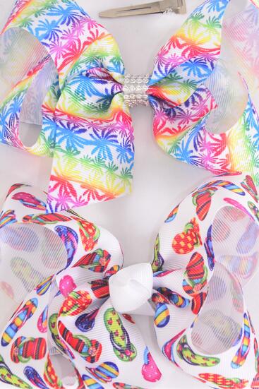 Hair Bow Jumbo Vacation Pam Tree Flip Flop Grosgrain Bow-tie /  12 pcs Bow = Dozen  Alligator Clip , Bow - 6" x 5" Wide , 6 of each Pattern Asst , Clip Strip & UPC Code