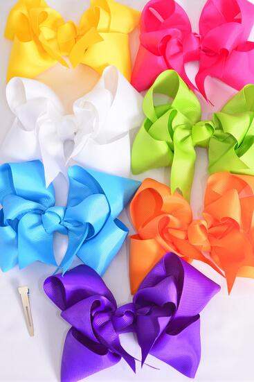 Hair Bow Jumbo Double Layered Center Clear Stones Grosgrain Bow-tie Citrus / 12 pcs Bow = Dozen Alligator Clip , Size - 6" x 5" Wide , 2 White , 2 Fuchsia , 2 Turquoise , 2 Purple , 2 Yellow , 1 Orange , 1 Lime Color Asst , Clip Strip & UPC Code