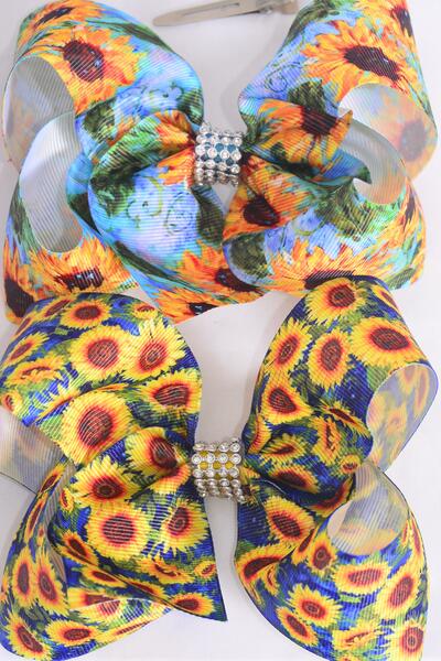 Hair Bow Jumbo Happy Sunflower Grosgrain Bow-tie /  12 pcs Bow = Dozen Alligator Clip , Size - 6" x 5" Wide , 6 Of Each Pattern Asst , Clip Strip and UPC Code