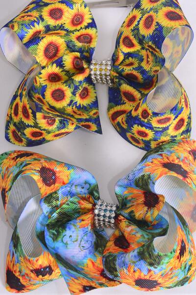 Hair Bow Jumbo Happy Sunflower Grosgrain Bow-tie /  12 pcs Bow = Dozen Sunflower , Alligator Clip , Size - 6" x 5" Wide , 6 Of Each Pattern Asst , Clip Strip and UPC Code
