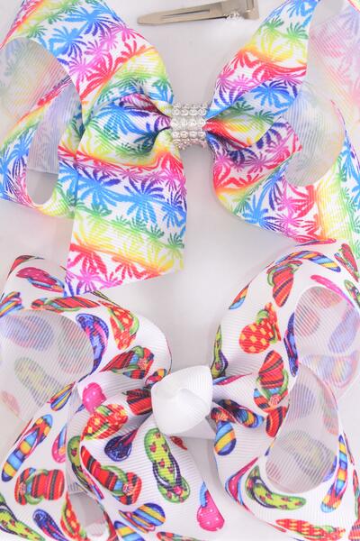 Hair Bow Jumbo Vacation Pam Tree Flip Flop Grosgrain Bow-tie /  12 pcs Bow = Dozen  Alligator Clip , Bow - 6" x 5" Wide , 6 of each Pattern Asst , Clip Strip & UPC Code