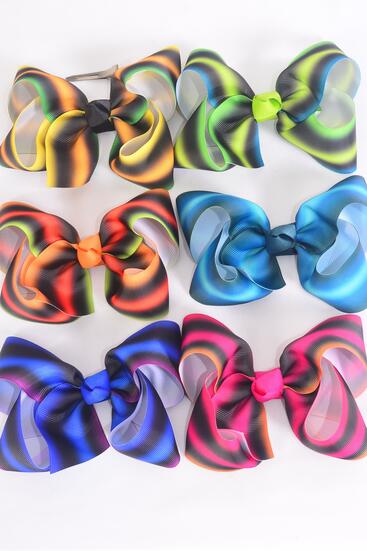 Hair Bow Jumbo Fall Gradient Stripe Pattern Mix Grosgrain Bow-tie Multi / 12 pcs Bow = Dozen Alligator Clip , Size - 6" x 5" Wide , 2 of each Pattern Asst , Clip Strip & UPC Code