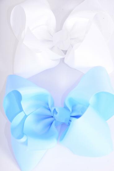 Hair Bow Cheer Type Bow Baby Blue White Mix Grosgrain Bow-tie / 12 pcs Bow = Dozen Alligator Clip , Size - 8" x 7" Wide , 6 Baby Blue , 6 White Color Asst , Clip Strip & UPC Code