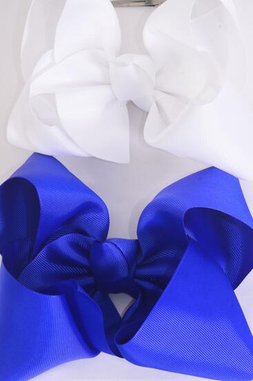 Hair Bow Extra Jumbo Cheer Type Bow Royal Blue White Mix Grosgrain Bow-tie / 12 pcs Bow = Dozen Alligator Clip , Size - 8" x 7" Wide , 6 White , 6 Royal Blue Color Asst , Clip Strip and UPC Code