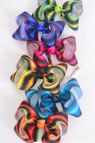 Hair Bow Jumbo Fall Gradient Stripe Pattern Mix Grosgrain Bow-tie Multi / 12 pcs Bow = Dozen Alligator Clip , Size - 6" x 5" Wide , 2 of each Pattern Asst , Clip Strip & UPC Code