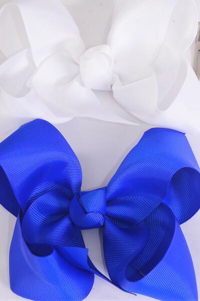 Hair Bow Jumbo Royal Blue White Mix Grosgrain Bow-tie/ 12 pcs Bow = Dozen Alligator Clip , Size - 6" x 5" Wide , 6 Royal Blue , 6 White Color Asst , Clip Strip & UPC Code